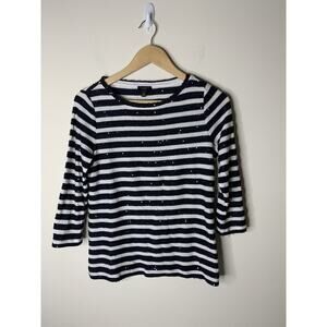 TALBOTS Petites Womens S Top Knit Black Sequins Top Striped 3/4 Sleeve Sparkle